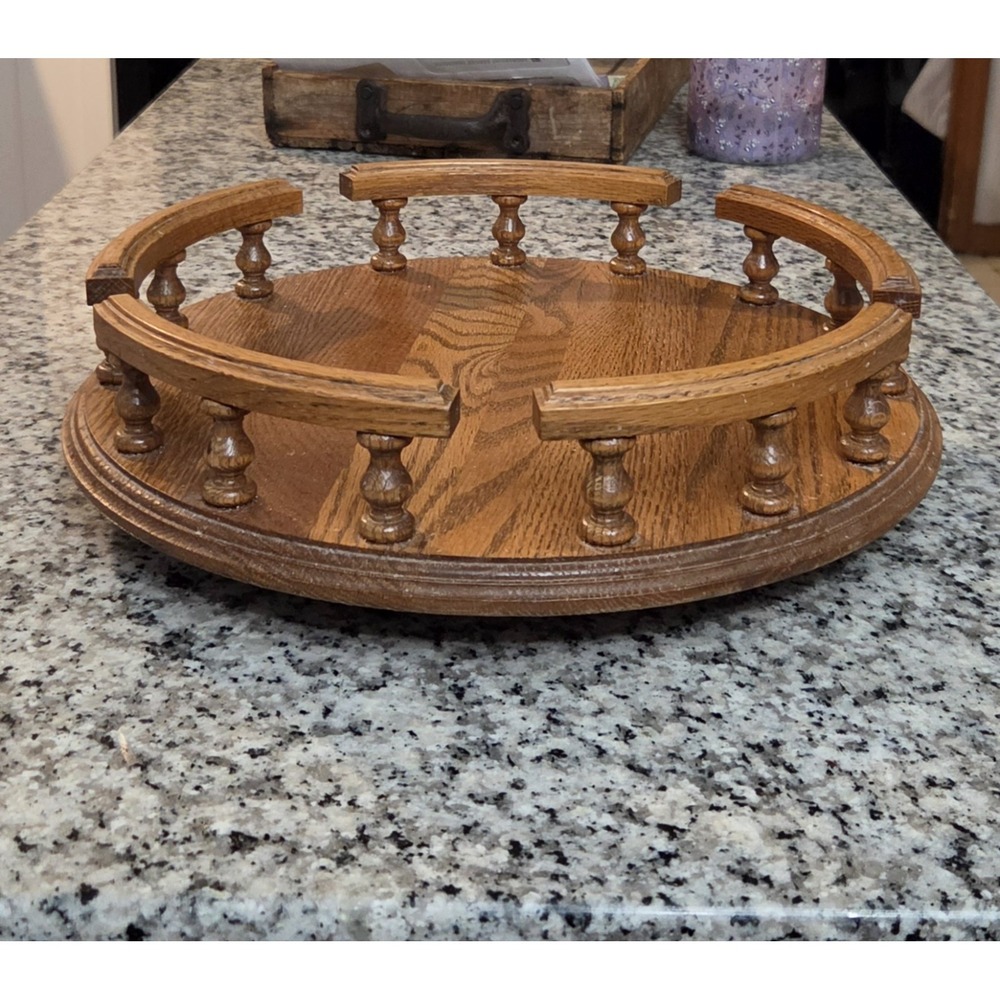 Vintage MCM Solid Oak Wood Lazy Susan Turntable Rails Spin Table Tray 13"